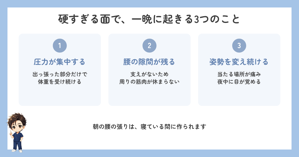硬すぎる面で一晩に起きる3つのこと(圧力の集中・腰の隙間・姿勢を変え続ける)の図解
