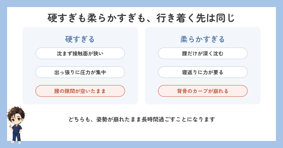 硬すぎる寝具と柔らかすぎる寝具で体に起きることを比較した図解