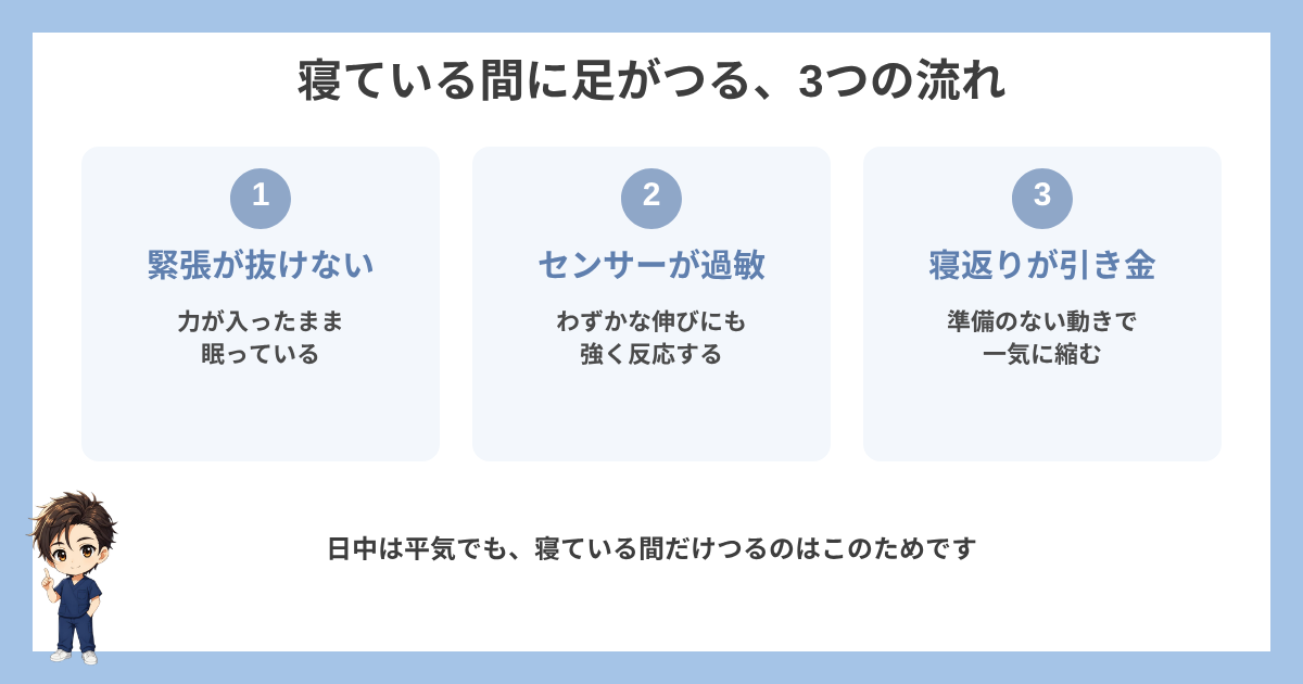 寝ている間に足がつる3つの流れ(緊張が抜けない・センサーが過敏・寝返りが引き金)の図解