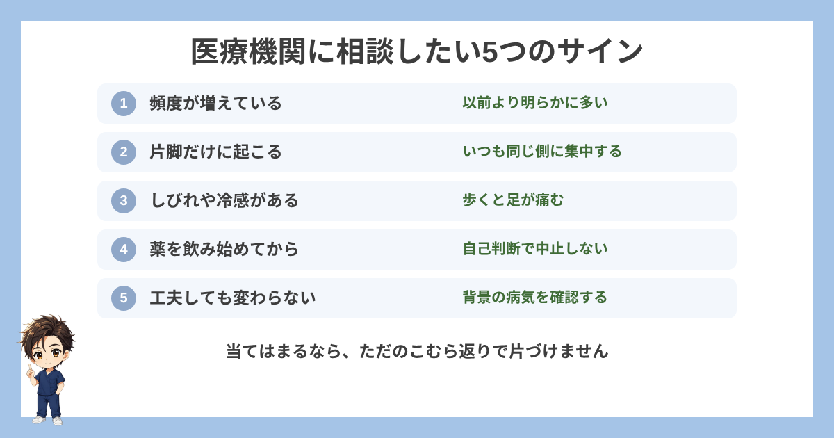 足がつるときに医療機関へ相談したい5つのサインの図解
