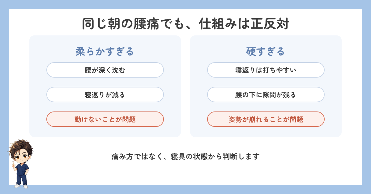 柔らかすぎるマットレスと硬すぎるマットレスで腰に起きていることの比較図