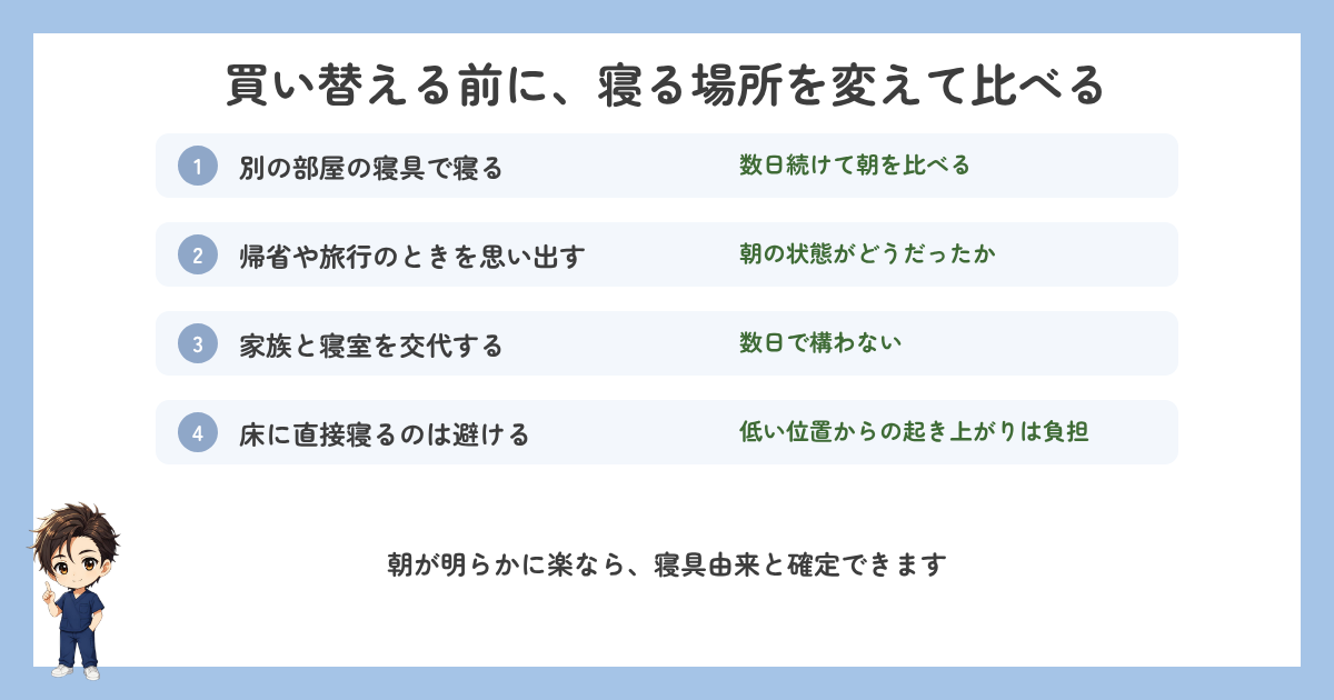 マットレスを買い替える前に、寝る場所を変えて朝の状態を比べる方法の図解