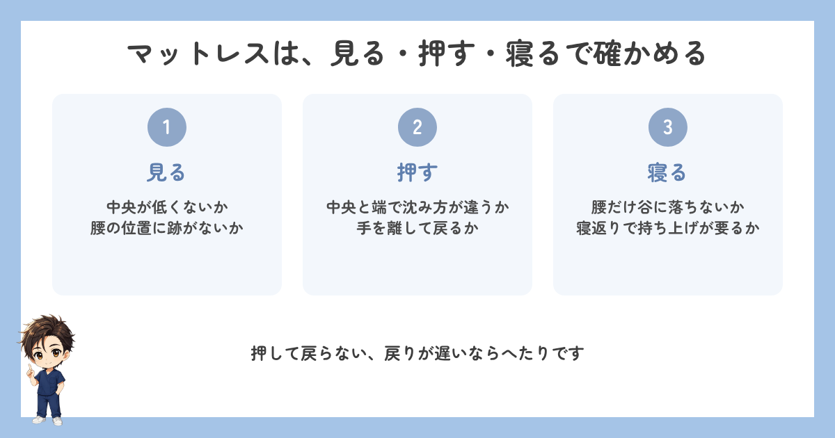 マットレスのへたりを見る・押す・寝るの三つで確かめる方法の図解